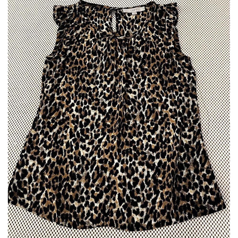 Ann Taylor‎ Cami Sz Small Blouse Cheetah Print High Neck Ruffle Top Sleeveless